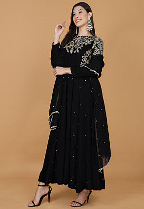 Hand Embroidered Georgette Abaya Style Suit in Black