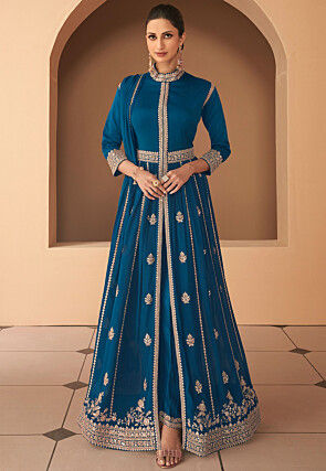 Hand Embroidered Georgette Abaya Style Suit in Blue