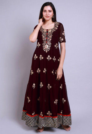 Hand Embroidered Georgette Abaya Style Suit in Brown