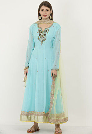 Hand Embroidered Georgette Abaya Style Suit in Light Blue