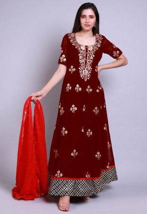 Hand Embroidered Georgette Abaya Style Suit in Maroon