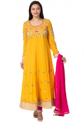 Hand Embroidered Georgette Abaya Style Suit in Mustard