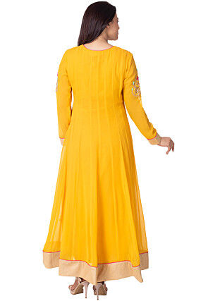 Hand Embroidered Georgette Abaya Style Suit in Mustard