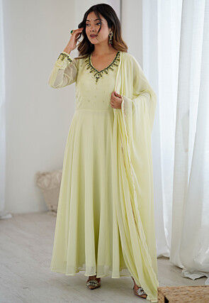 Hand Embroidered Georgette Abaya Style Suit in Pastel Green