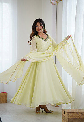 Hand Embroidered Georgette Abaya Style Suit in Pastel Green