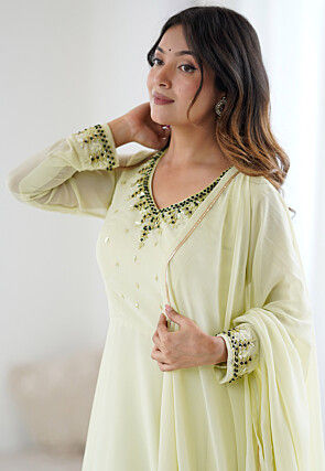 Hand Embroidered Georgette Abaya Style Suit in Pastel Green