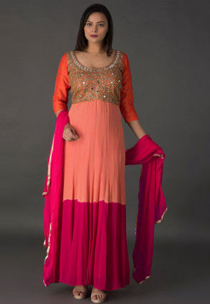 Hand Embroidered Georgette Abaya Style Suit in Peach