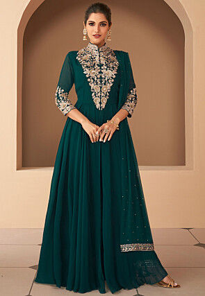 Hand Embroidered Georgette Abaya Style Suit in Teal Green