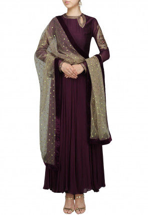 Hand Embroidered Georgette Abaya Style Suit in Wine