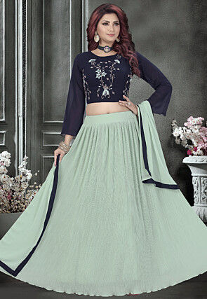 Hand Embroidered Georgette Accordion Lehenga in Sea Green
