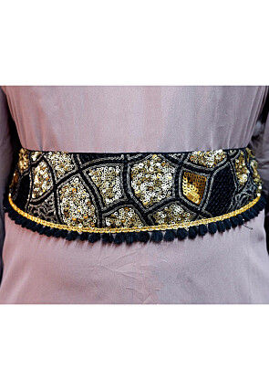 Hand Embroidered Georgette Adjustable Waist Belt in Black