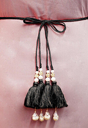 Hand Embroidered Georgette Adjustable Waist Belt in Black