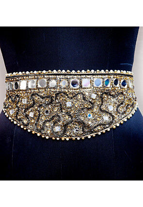 Hand Embroidered Georgette Adjustable Waist Belt in Black