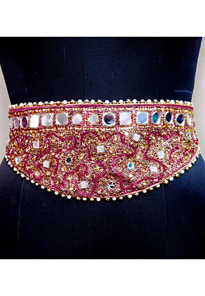 Hand Embroidered Georgette Adjustable Waist Belt in Fuchsia