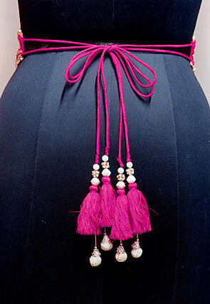 Hand Embroidered Georgette Adjustable Waist Belt in Fuchsia