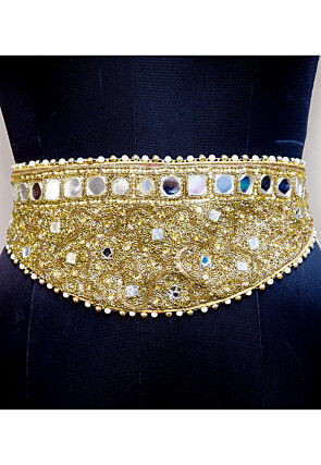 Hand Embroidered Georgette Adjustable Waist Belt in Golden