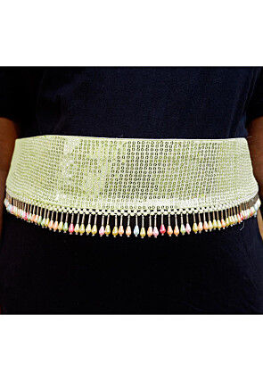 Hand Embroidered Georgette Adjustable Waist Belt in Off White