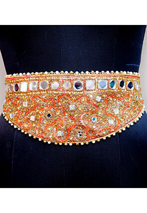 Hand Embroidered Georgette Adjustable Waist Belt in Orange