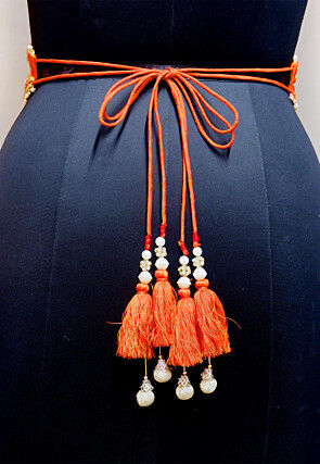 Hand Embroidered Georgette Adjustable Waist Belt in Orange