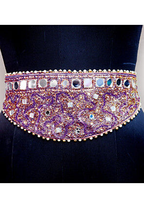 Hand Embroidered Georgette Adjustable Waist Belt in Purple