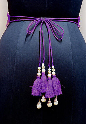 Hand Embroidered Georgette Adjustable Waist Belt in Purple