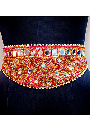 Hand Embroidered Georgette Adjustable Waist Belt in Red