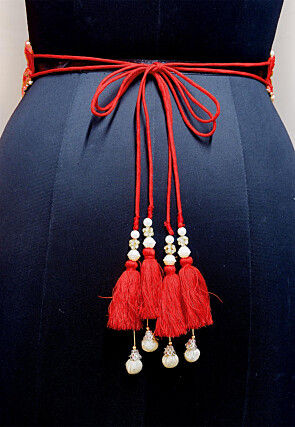 Hand Embroidered Georgette Adjustable Waist Belt in Red