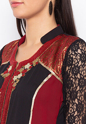 Hand Embroidered Georgette Anarkali Kurta in Black and Red