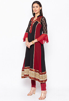 Hand Embroidered Georgette Anarkali Kurta in Black and Red