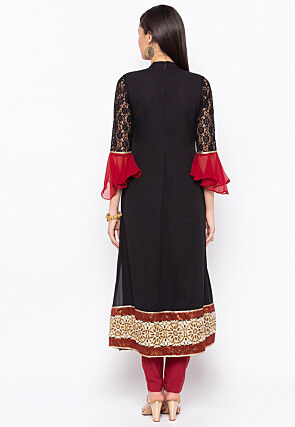 Hand Embroidered Georgette Anarkali Kurta in Black and Red