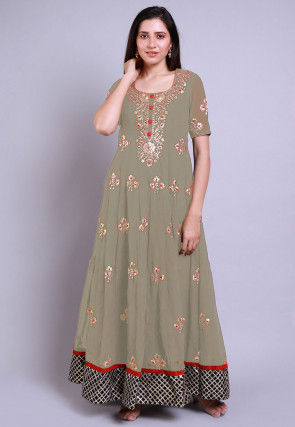 Hand Embroidered Georgette Anarkali Kurta in Fawn