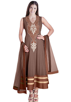Hand Embroidered Georgette Anarkali Suit in Brown