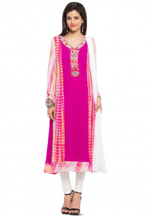 Hand Embroidered Georgette Anarkali Suit in Fuchsia and Off White
