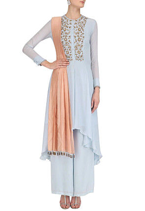 Hand Embroidered Georgette Asymmetric Suit in Sky Blue