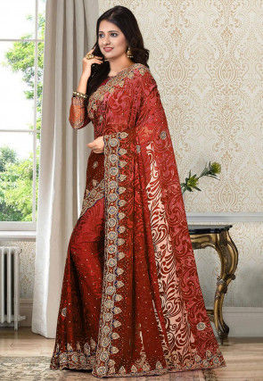 Hand Embroidered Georgette Brasso Saree in Maroon and Pink