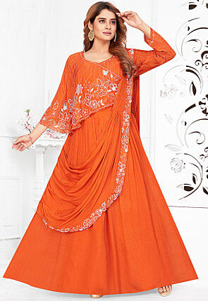 Hand Embroidered Georgette Cape Style Lehenga in Orange