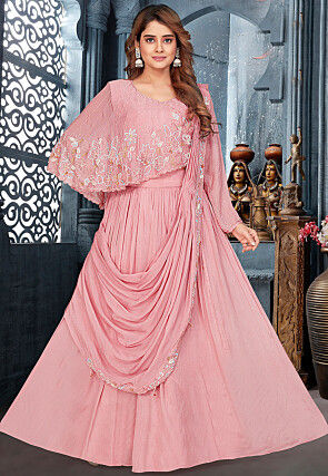 Hand Embroidered Georgette Cape Style Lehenga in Pink