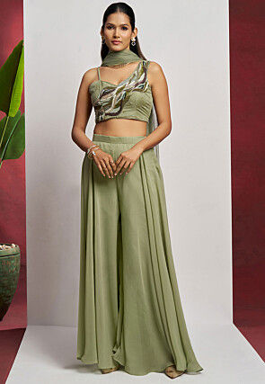 Hand Embroidered Georgette Crop Top Set in Dusty Green