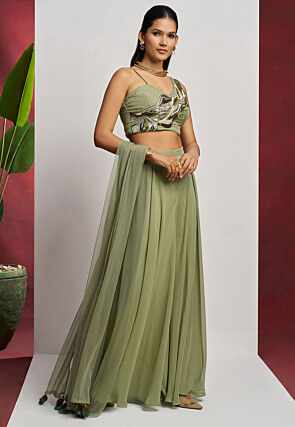 Hand Embroidered Georgette Crop Top Set in Dusty Green