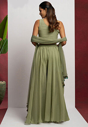 Hand Embroidered Georgette Crop Top Set in Dusty Green