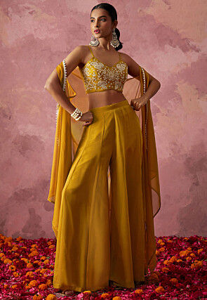Hand Embroidered Georgette Crop Top Set in Mustard