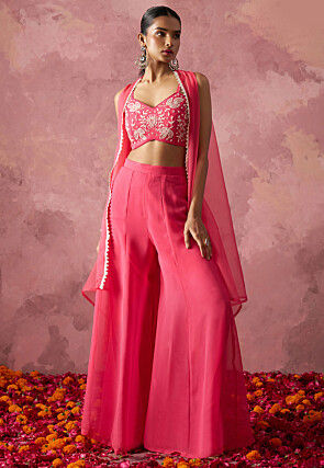 Hand Embroidered Georgette Crop Top Set in Pink