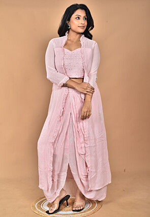 Hand Embroidered Georgette Crop Top Set in Pink