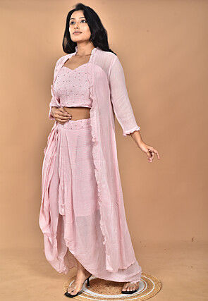 Hand Embroidered Georgette Crop Top Set in Pink