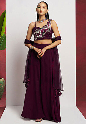 Hand Embroidered Georgette Crop Top Set in Purple