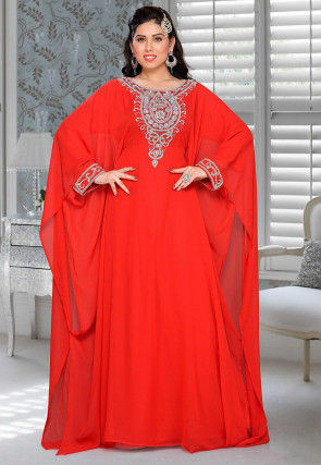 Hand Embroidered Georgette Farasha Kaftan in Red