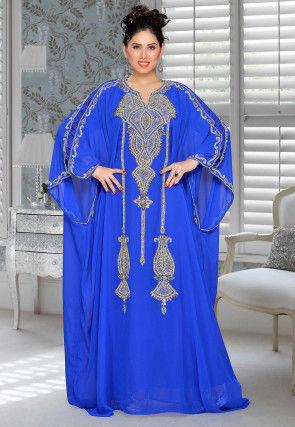 Hand Embroidered Georgette Farasha Kaftan in Royal Blue : QFD344