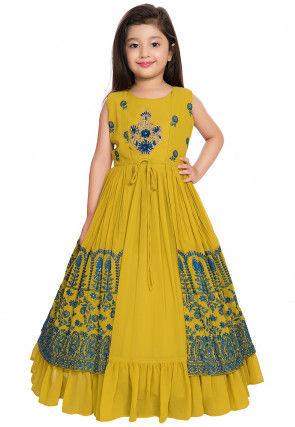 Hand Embroidered Georgette Flared Gown in Mustard