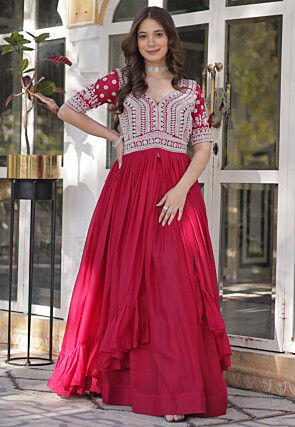Hand Embroidered Georgette Front Slit Kurta Set in Fuchsia