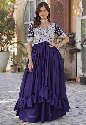 Hand Embroidered Georgette Front Slit Kurta Set in Purple
